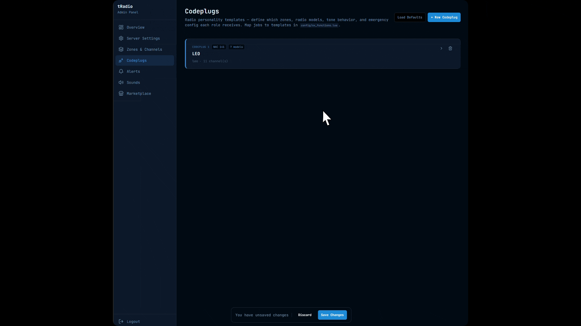 Admin panel — codeplug and channel configuration