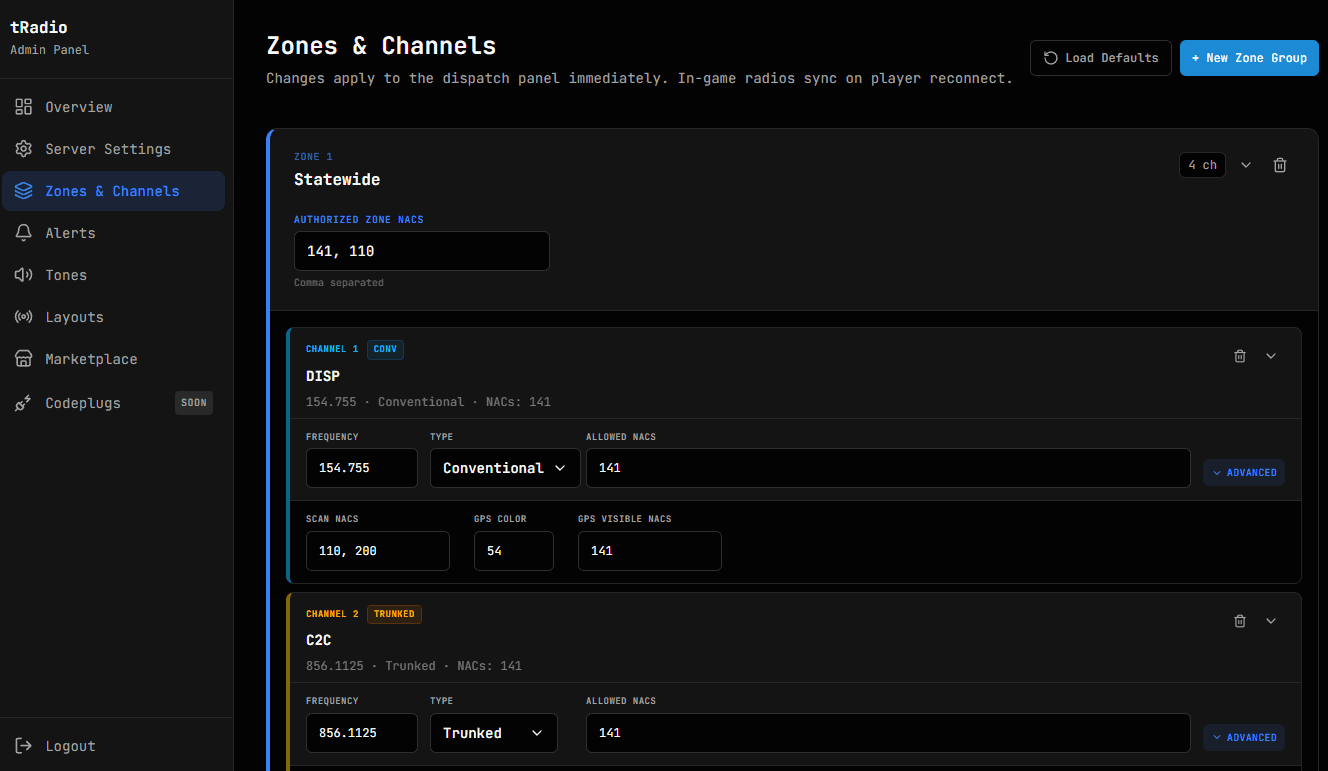 Zone and channel configuration in the admin panel